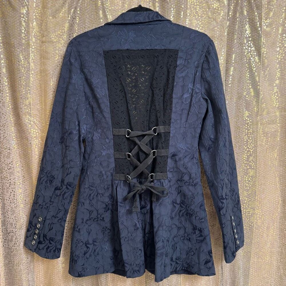 Free People Navy Blue Victorian Jacquard Lace Tie Back Button Blazer Size‎ 8 - Picture 2 of 8